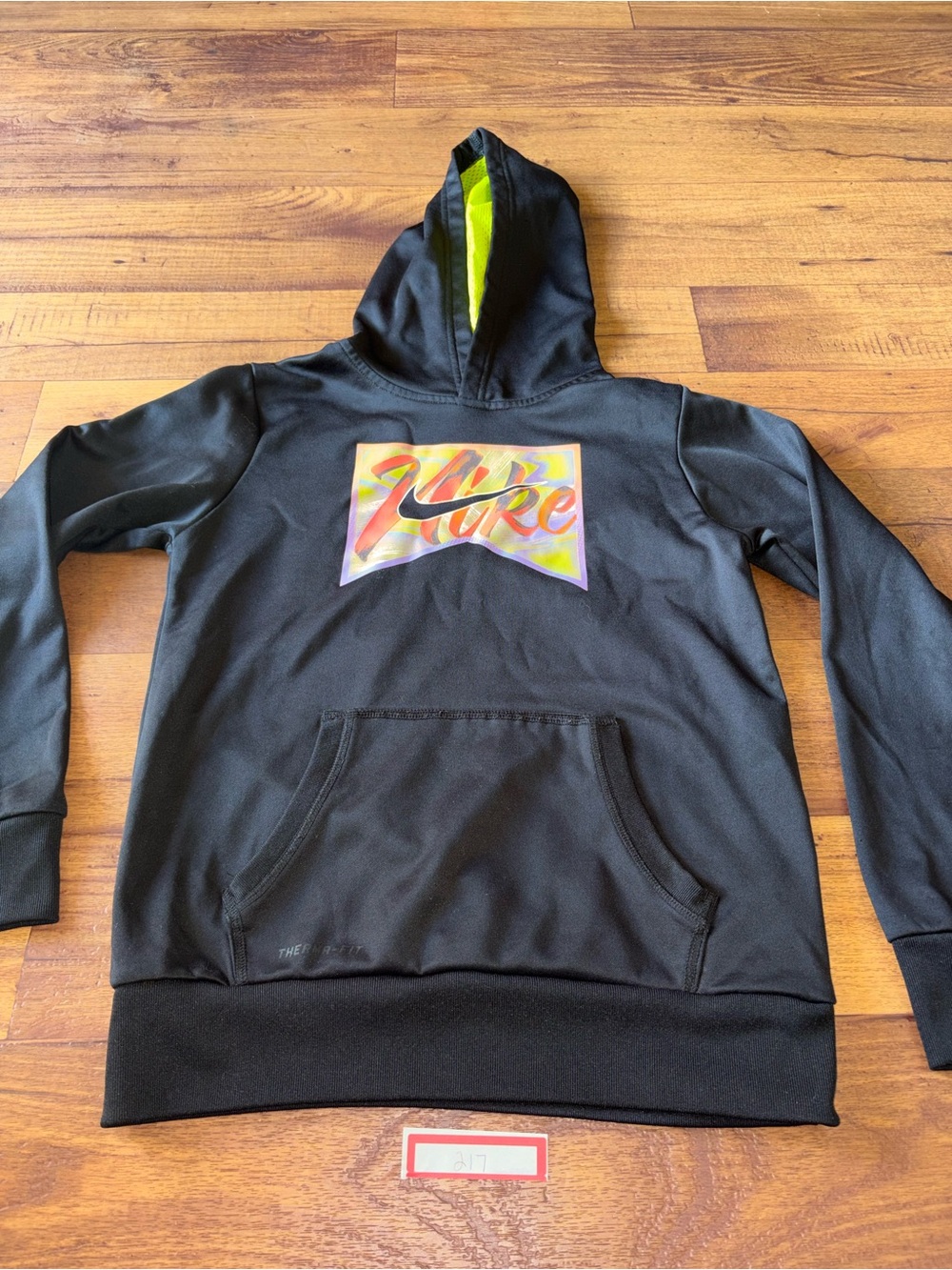 Nike Black Crewneck Hoodie with Neon Yellow Lined Hood and Multicolor Logo